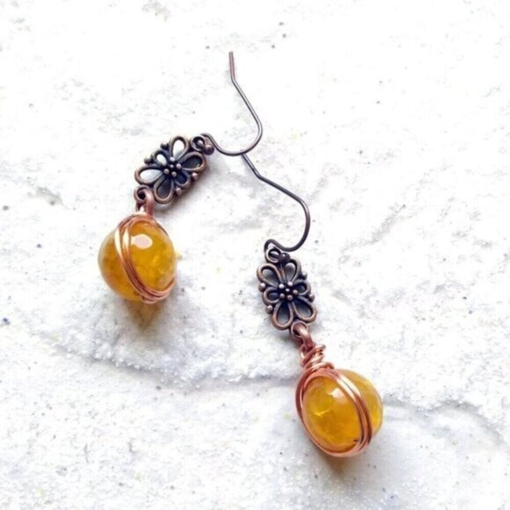 Easter Earth Tones • Dragonvein Agate • Vibrant Copper Boho Dangle Earrings - Picture 3 of 4